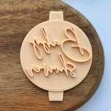 Baby shower text cookie cutter for cakes, biscuits and cupcakes.