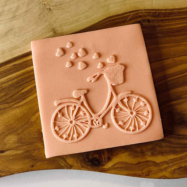 Bicycle with hearts cookie outbosser stamp. Cookie cutter for cakes, cupcakes, biscuits and cookies.