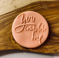 You Complete Me Outbosser Stamp. Valentine’s Day Fondant Icing Cupcake Decorating