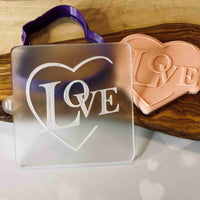 Love text in a heart cookie popup stamp with matching cutter. Reverse embosser for weddings, valentine's day.