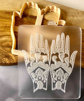 Mehndi Henna Hands cookie popup stamp with cutter made from food safe frosted acrylic and PLA, a Plant-derived Bio-plastic.