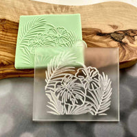 Monstera leaf popup cookie cutter. The tropical leaves reverse embosser is made from food safe frosted acrylic.