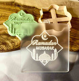 Ramadan Mubarak with mosque popup cookie cutter and reverse embosser stamp.